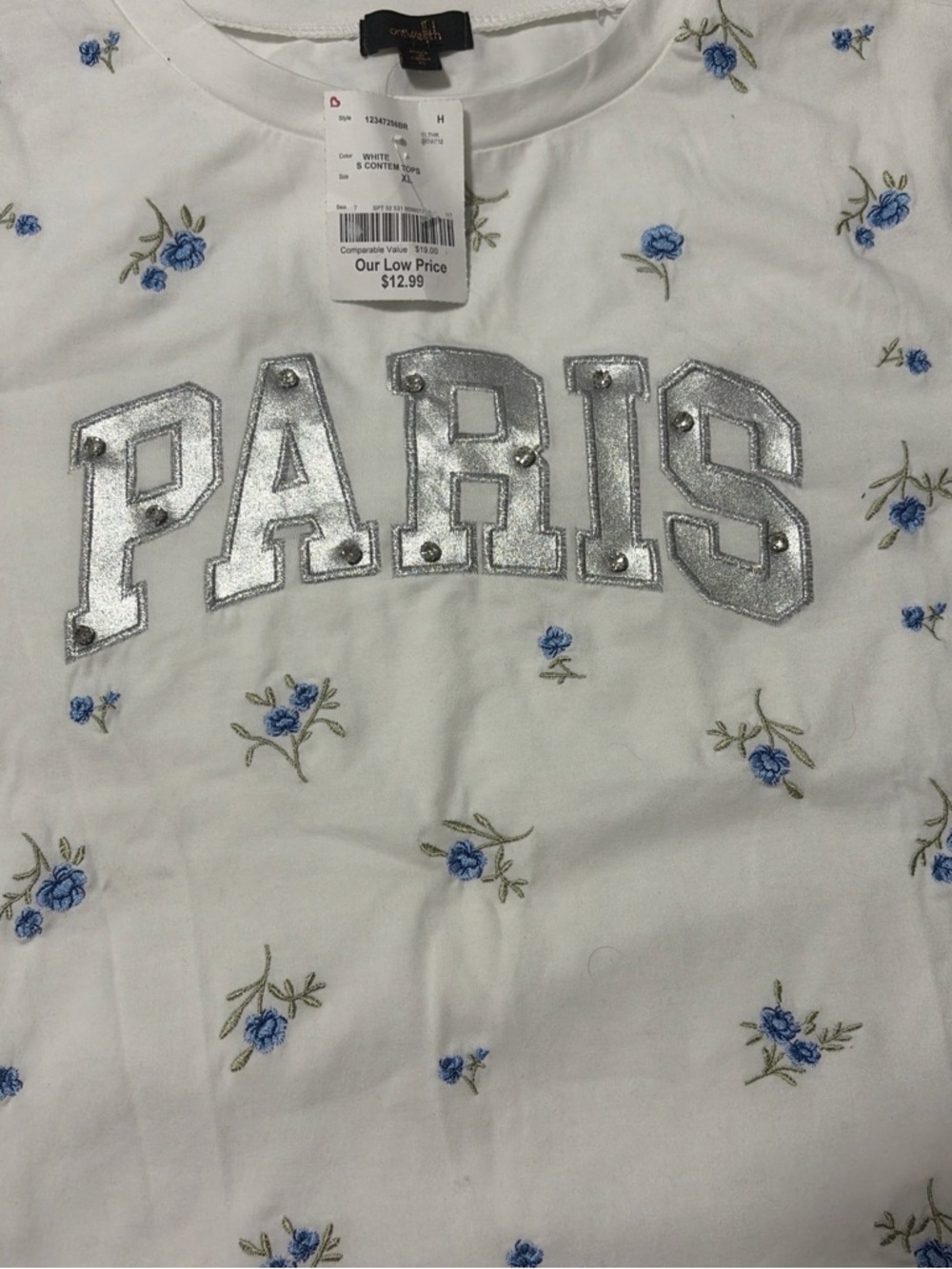 White Floral 'PARIS' Graphic Tee with Silver Applique
